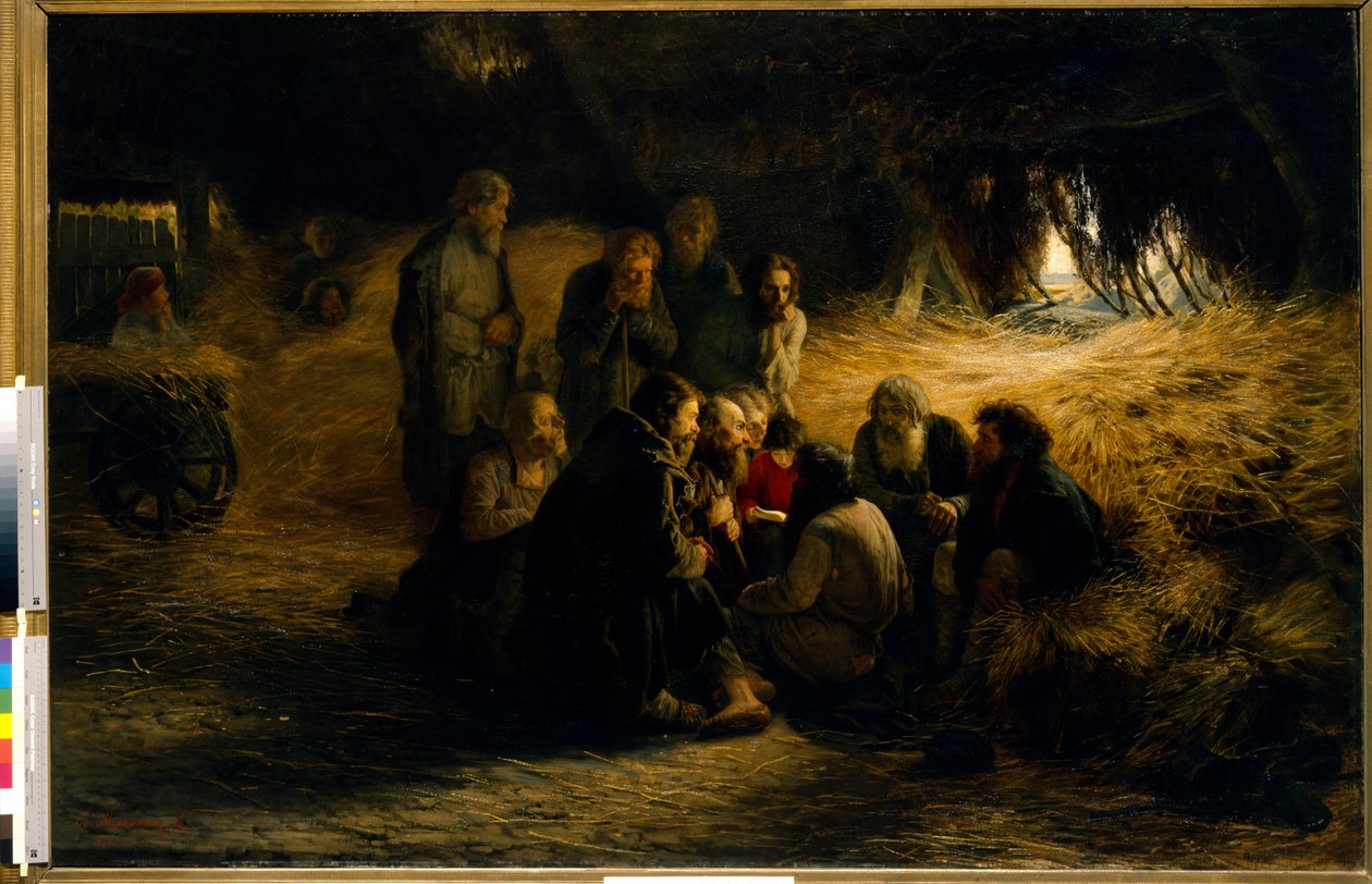 Avskaffelse av livegenskap i Russland: kunngjøring om frigjøring av livegne i 1861 (kunngjøringen av livegenskapsreformen fra 1861) - Olje på lerret av Grigori (Grigoriy, Grigory) Grigoryevich Myasoyedov (Myasoedov, Miasoedov) (191834-191834) av Grigoriy Myasoyedov