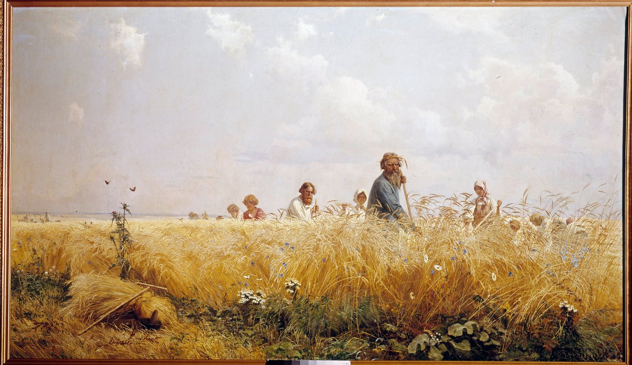 Høst russiske bønder som klipper blesene. Maleri av Grigori Miassoiedow (1835-1911) Peterhof fra 1800-tallet, biblioteket i Chateau av Grigoriy Myasoyedov