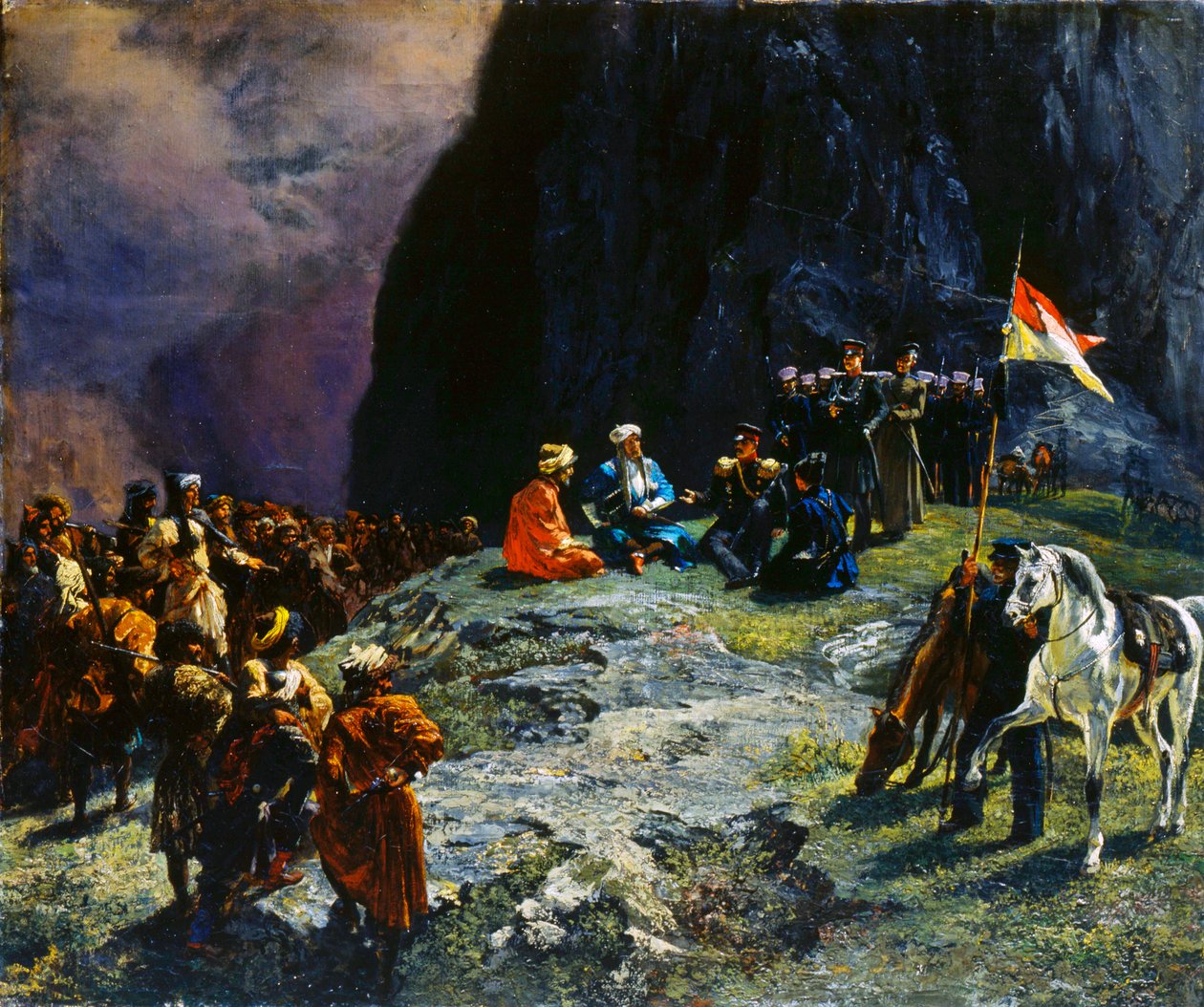 Møtet med general Klüke von Klügenau og Imam Shamil i 1837, 1849. av Grigory Gagarin
