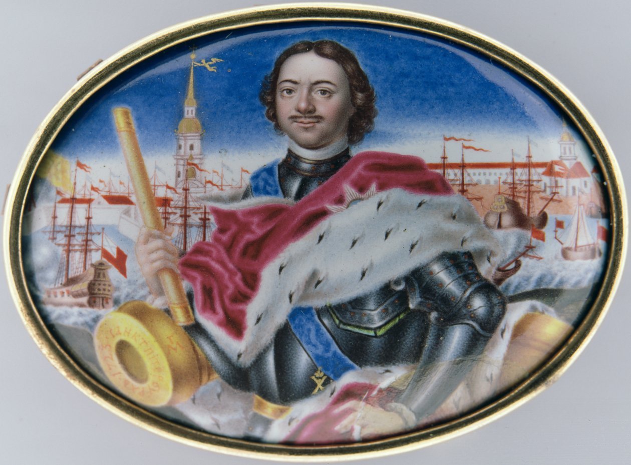 Portrett av Peter I (1672-1725) mot St. Peter og St. Paul-festningen og Treenighetsplassen i St. Petersburg, 1723 (emalje på gull) (se 126084) av Grigory Semyonovich Musikiysky