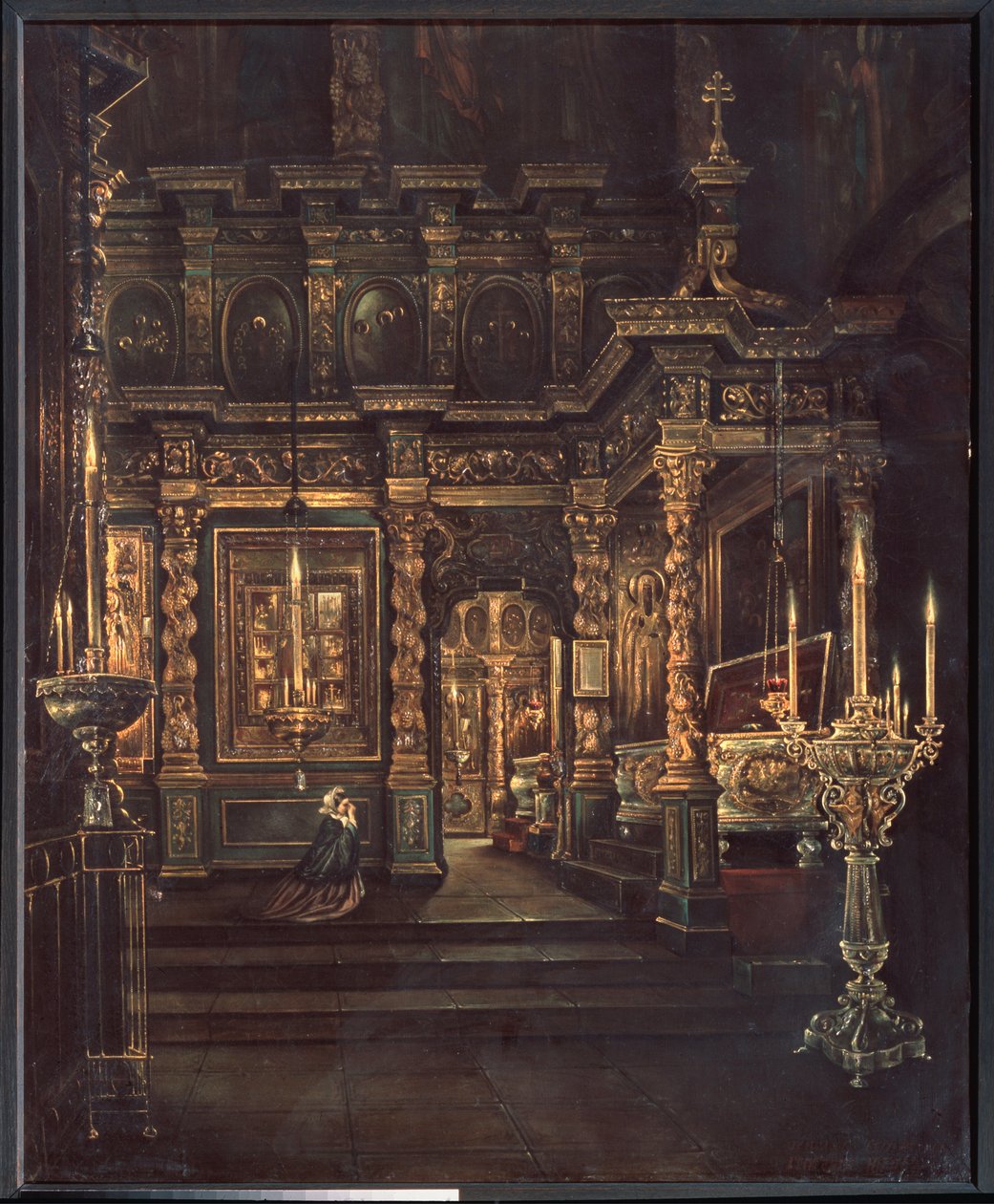 In the Assumption of the Blessed Virgin Cathedral in Rostov (In the Assumption of the Blessed Virgin Cathedral in Rostov) - Maleri av Grigori Vasilyevich Yurov (?-etter 1896), olje på lerret av Grigory Vasilievich Yurov