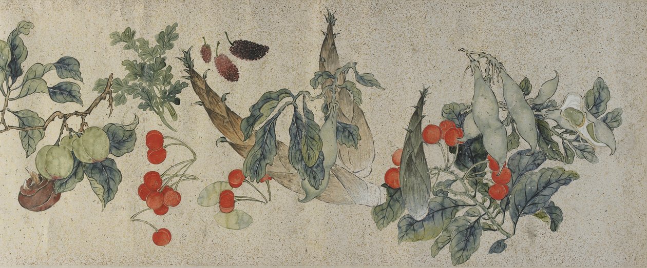 Grønnsaker og frukt, Qing-dynastiet, 1828 (blekk og farge på gullflekket papir) av Gu Luo