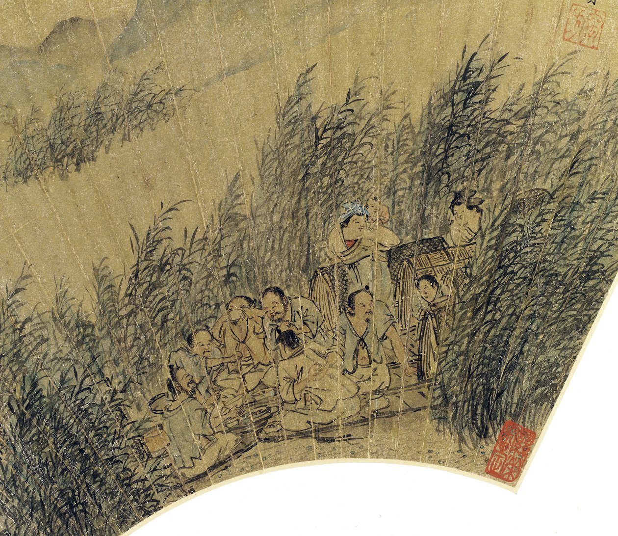 Detalj av Fishermen in Boats, Reveling on the Edge of a River blekk og farge på gullpapir av Gu Qian