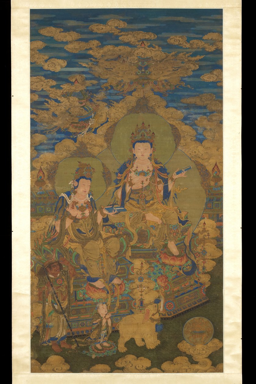 To versjoner av bodhisattva Guanyin, ca. 1750 (blekk og farge på silke) av Guanpeng (after) Ding