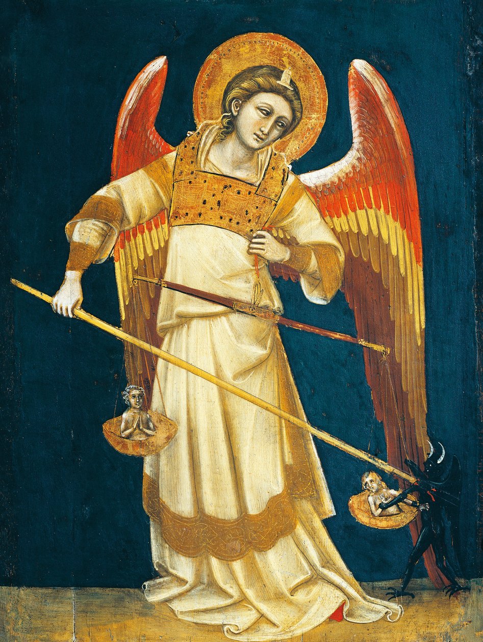 Erkeengelen Michael veier sjeler, rundt 1354, av Guariento (aktiv 1338-1367 eller 1370), tempera på panel av Guariento di Arpo