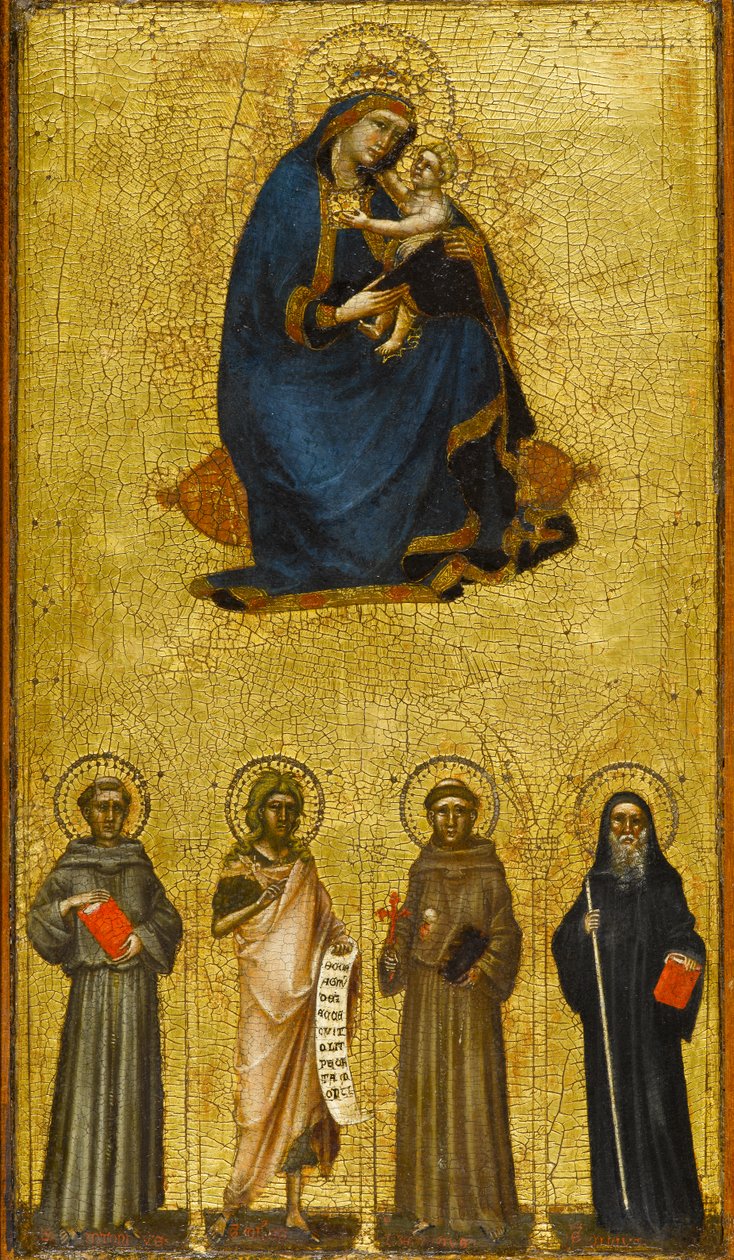 Madonna og barn med hellige, rundt 1360 (tempera og bladgull på poppelpanel) av Guariento di Arpo