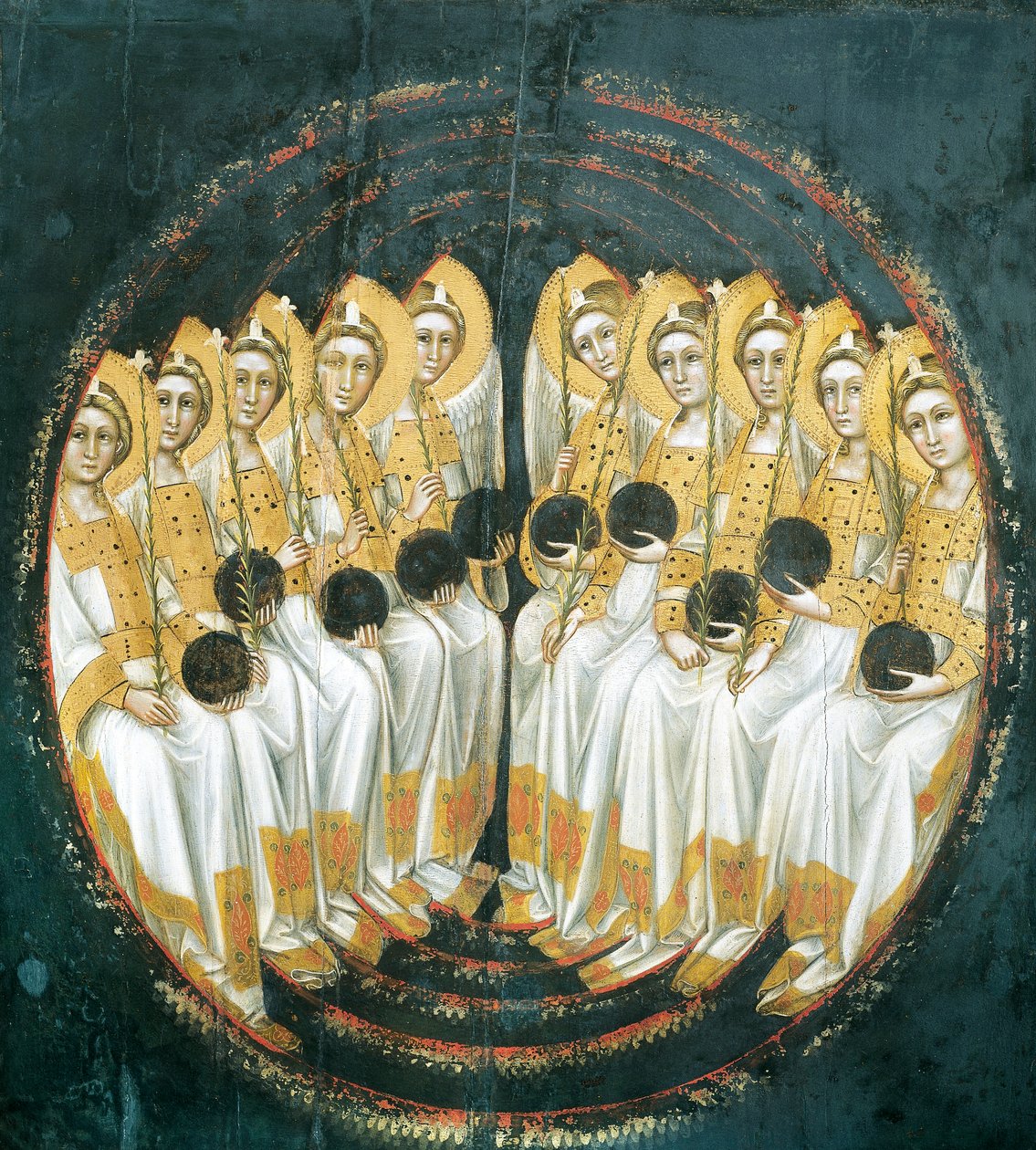 Sittende engler med kuler i hendene, av Guariento (aktiv 1338-1367 eller 1370), tempera på panel av Guariento di Arpo