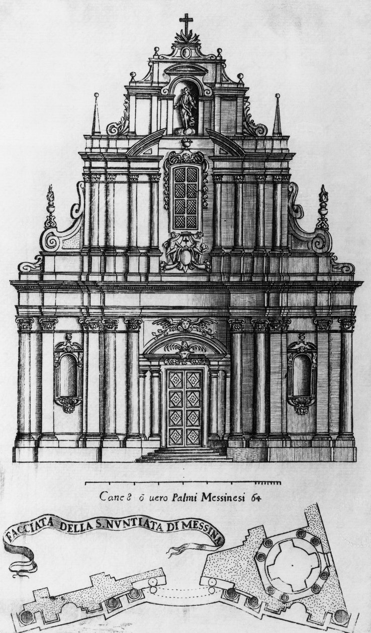 Fasade og layout av Annunciation Church i Messina, gravering av Guarino Guarini (1624-1683), Italia av Guarino Guarini