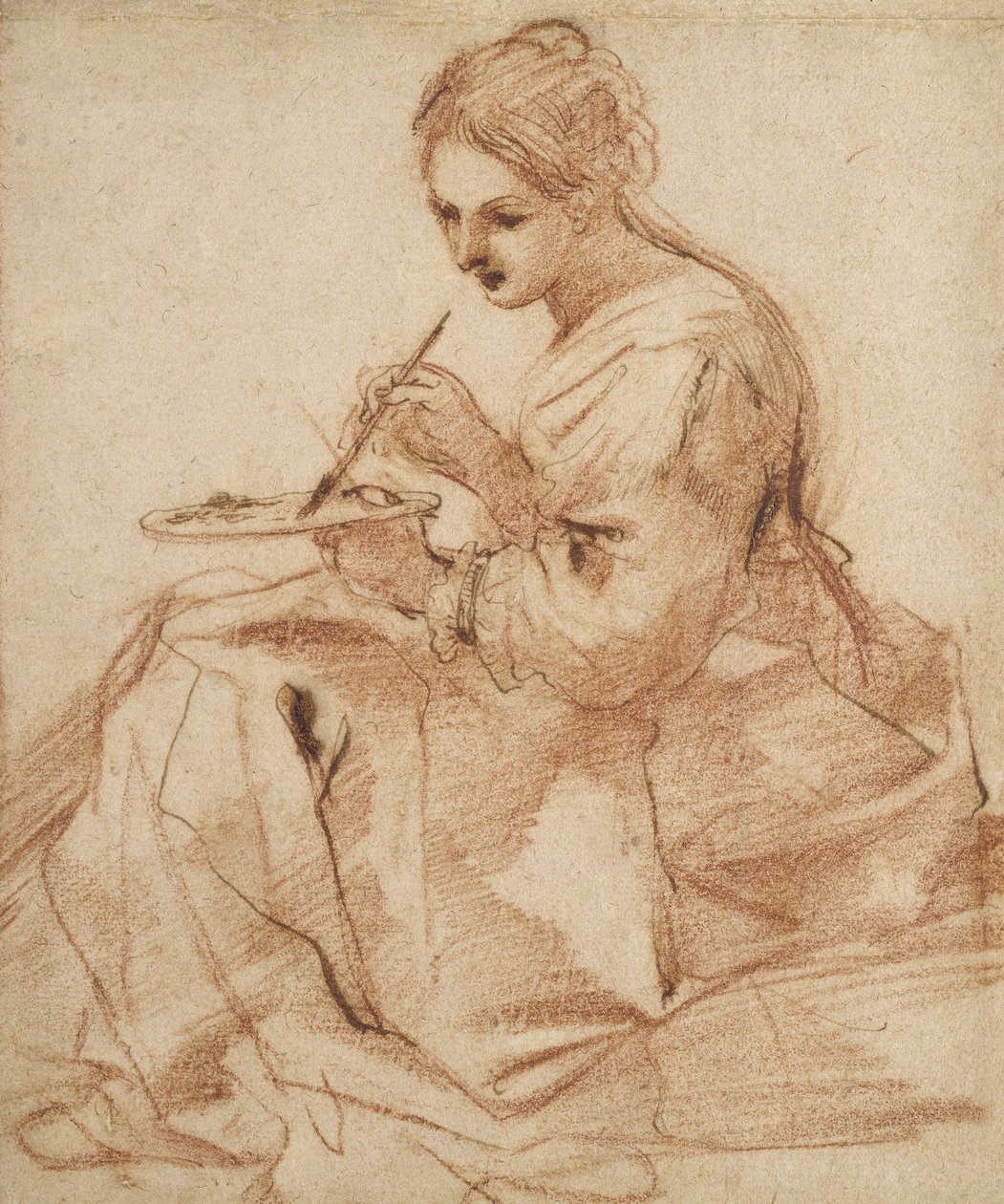 A Woman Painting (An allegory of painting), ca. 1618 (rødt kritt berørt med penn og brunt blekk på off-white papir) av Giovanni Francesco Barbieri