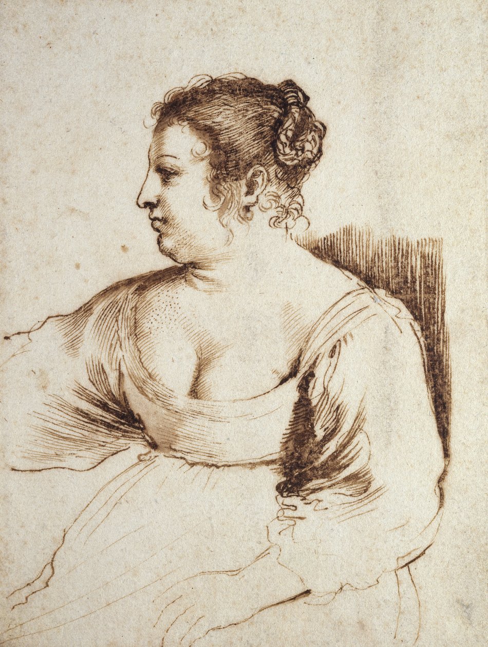 A Woman Seated, 1640 - 1649 (penn og brunt blekk med brun vask på hvitt papir) av Giovanni Francesco Barbieri