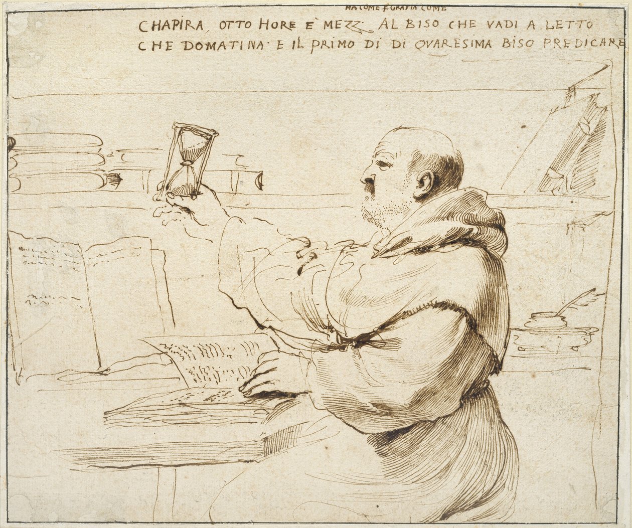 Karikatur av Fra Bonaventura Bisi, 1655 - 1659 (penn og brunt blekk på off-white papir) av Giovanni Francesco Barbieri