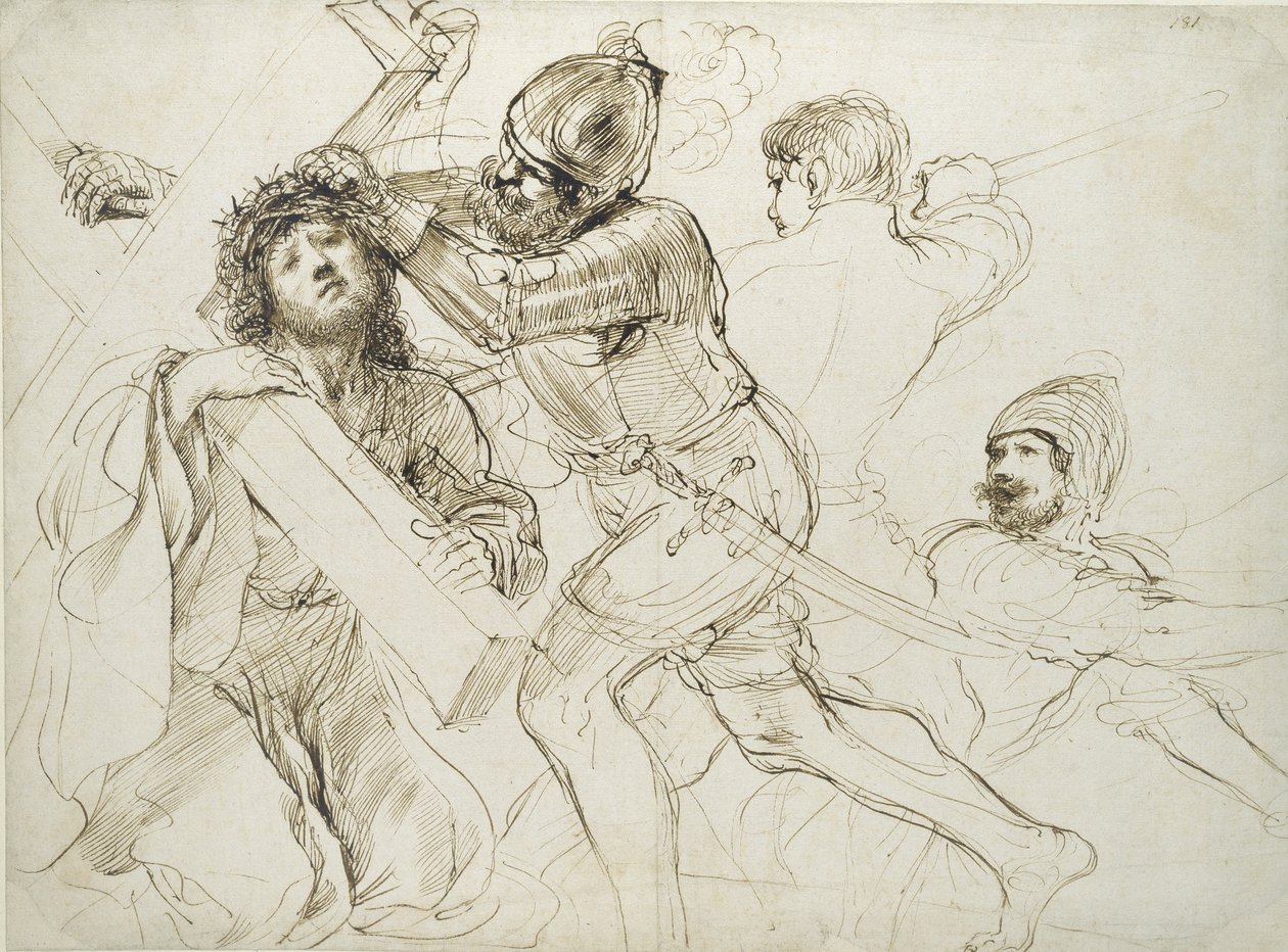 Kristus bærer korset, ca. 1625 - 1628 (penn og brunt blekk på hvitt papir) av Giovanni Francesco Barbieri