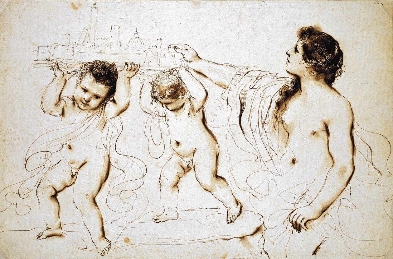 The Emblem of the City of Bologna, 1625 - 1629 (penn og brunt blekk med brun vask på hvitt papir) av Giovanni Francesco Barbieri
