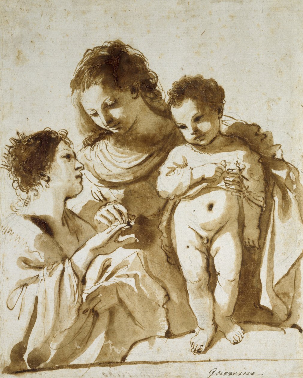 The Mystic Marriage of St Catherine, 1618 - 1619 (penn og brunt blekk med brun vask over indikasjoner i svart kritt på hvitt papir) av Giovanni Francesco Barbieri