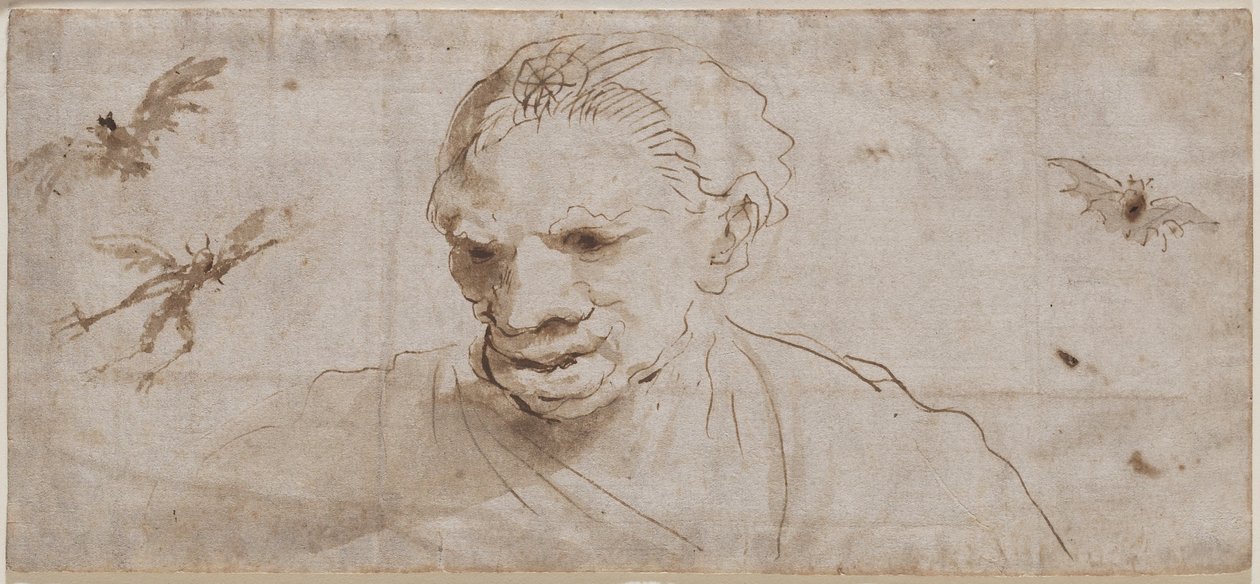 En heks, to flaggermus og en demon på flukt, tidlig på 1600-tallet (penn og brunt blekk med brun vask på lagt papir) av Giovanni Francesco Barbieri