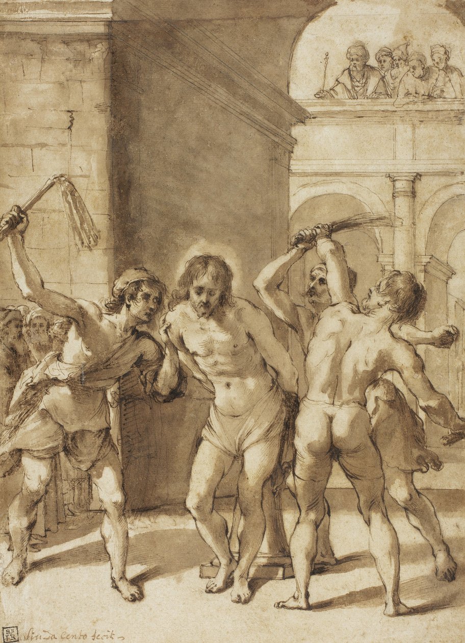 Kristi piskning (penn og brunt blekk, med pensel og brun vask og spor av grafitt, på kremfarget papir, lagt ned på kremfarget papir) av Guercino (1591-1666) (school of)