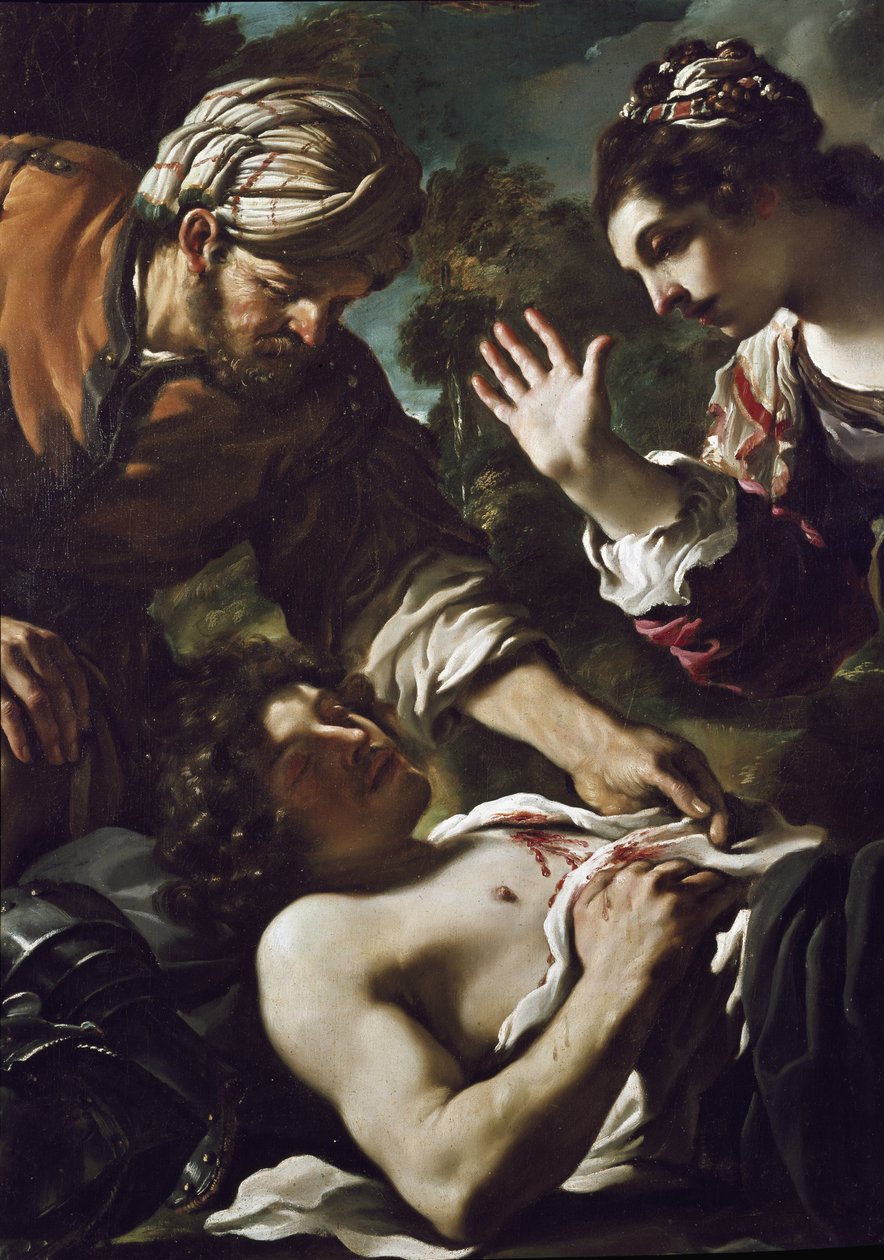 Herminie (Erminia) oppdager Tancrede vett (detaljer) av Guercino
