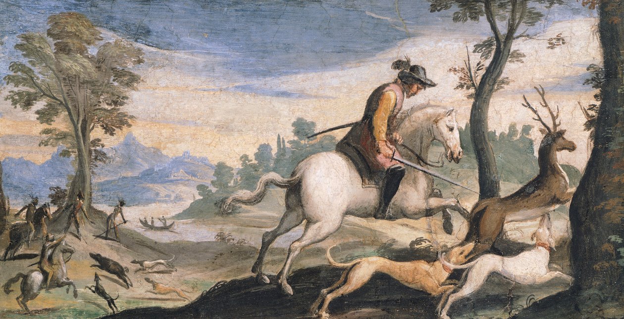 Jakt på hjort og villsvin, av Giovanni Francesco Barbieri, kjent som Guercino (1591-1666), freskomaleri, 53x101 cm av Guercino