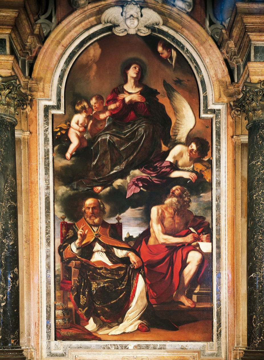 Maria-antagelse med St. Peter og St. Hieronymus, av Giovanni Francesco Barbieri, kjent som Guercino (1591-1666), olje på lerret. Santa Maria Assunta-katedralen, Reggio Emilia. av Guercino