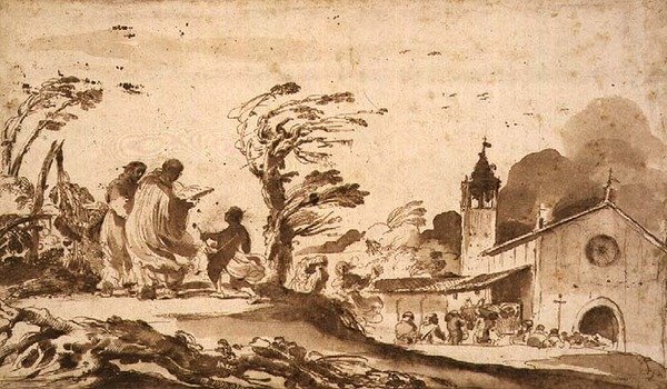 PD.1-1987 Landskap med begravelsesprosesjon (blekk og vask) av Guercino