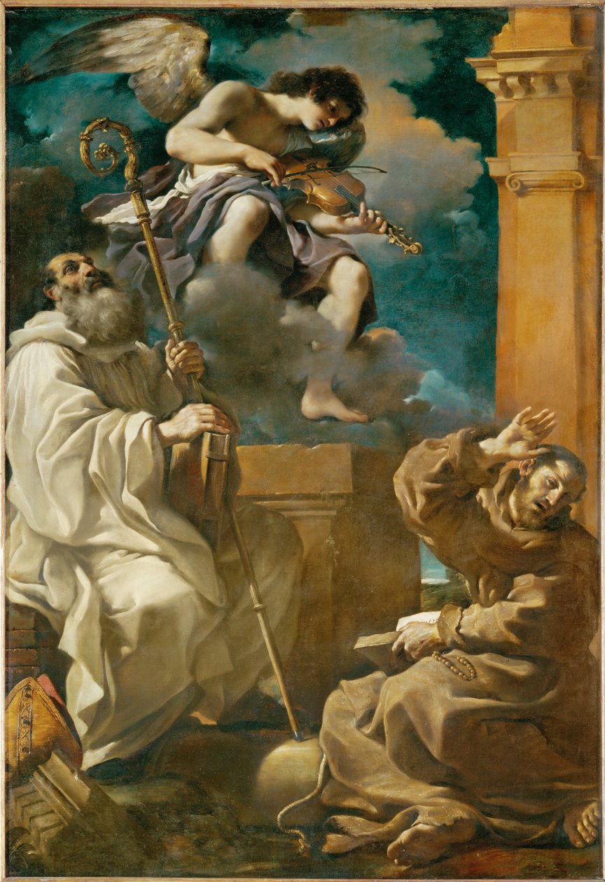 Frans av den hellige i ekstase og Benedikt med en engel... av Guercino (1591-1666)