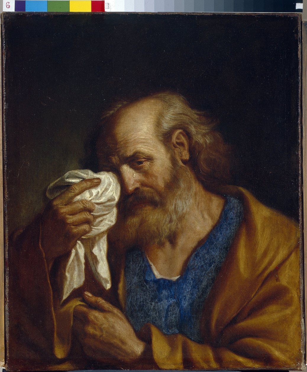 Apostelen Sankt Peter (Apostelen Peter). Portrett av Jesu disippel tørker tårene som renner nedover ansiktet hans. Maleri av Giovanni Francesco Barbieri, kjent som Guercino (Le Guerchin) (1591-1666), olje på lerret av Guercino