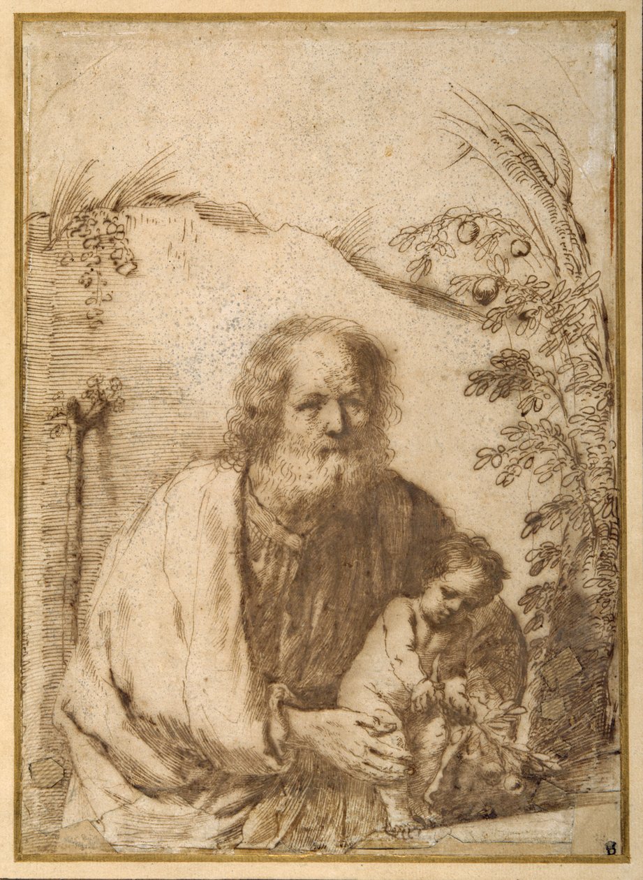 St. Joseph and the Infant Christ griper en kvist av et epletre (penn og blekk på papir) av Guercino