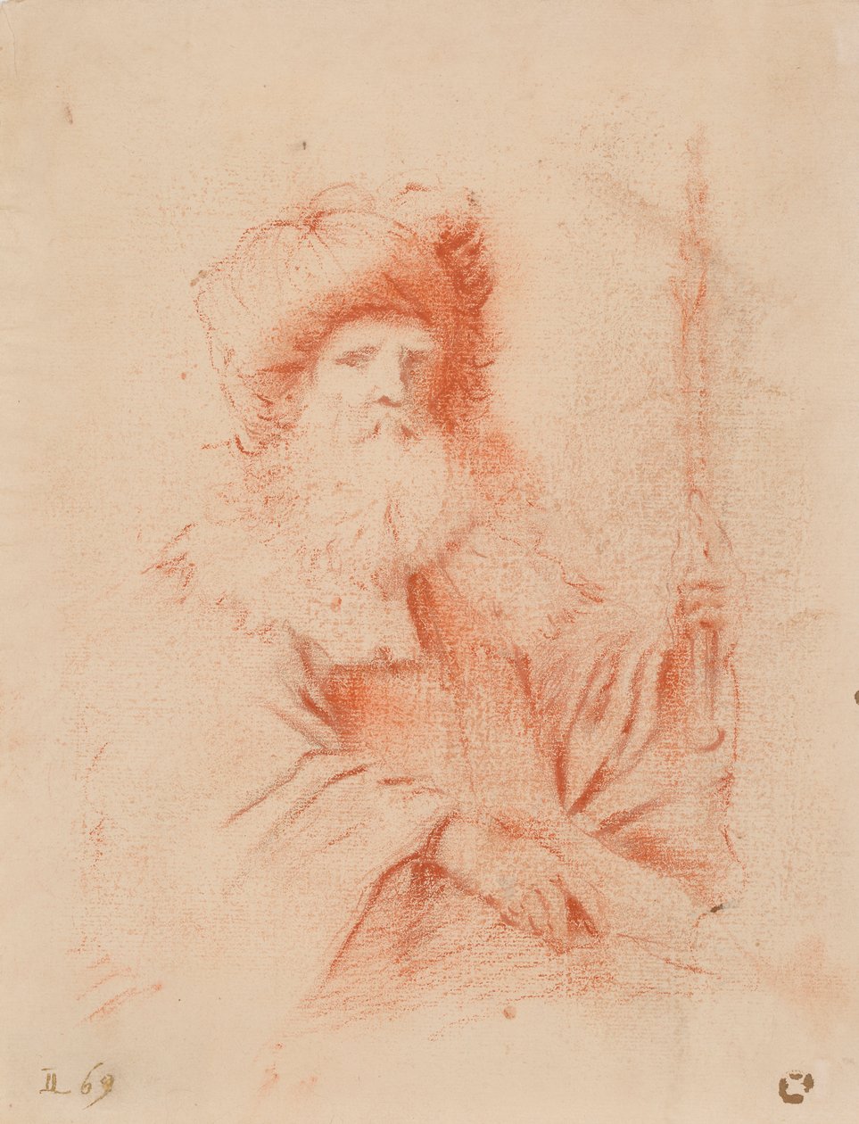 Skisse av skjeggete mann i turban (rødt kritt på papir) av Guercino
