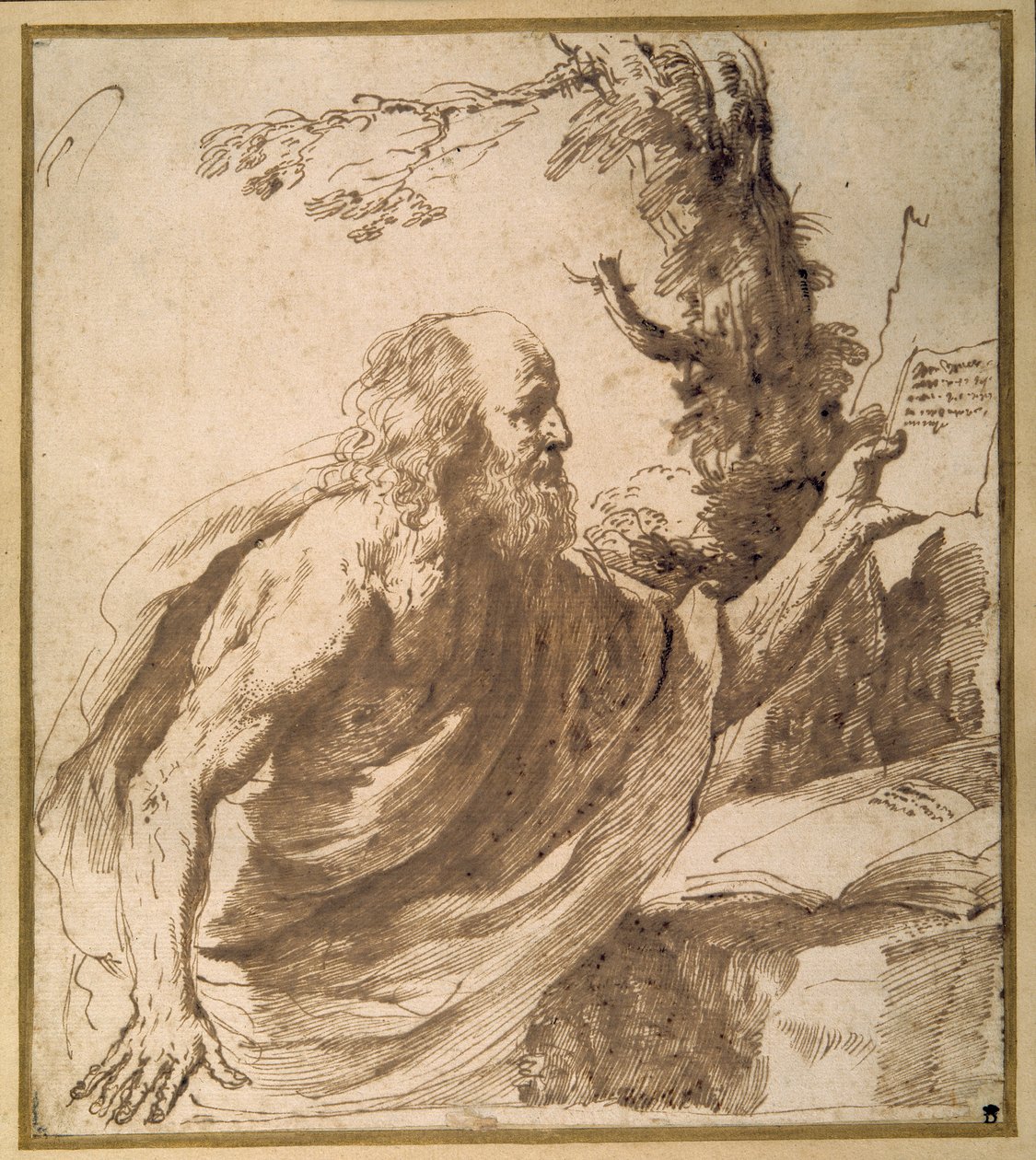 En helgen som leser i ørkenen (penn og blekk på papir) av Guercino