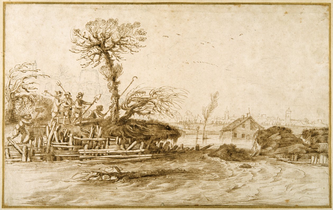 En elv i flom, og bønder med økser og andre verktøy (penn og blekk over kritt på papir) av Guercino