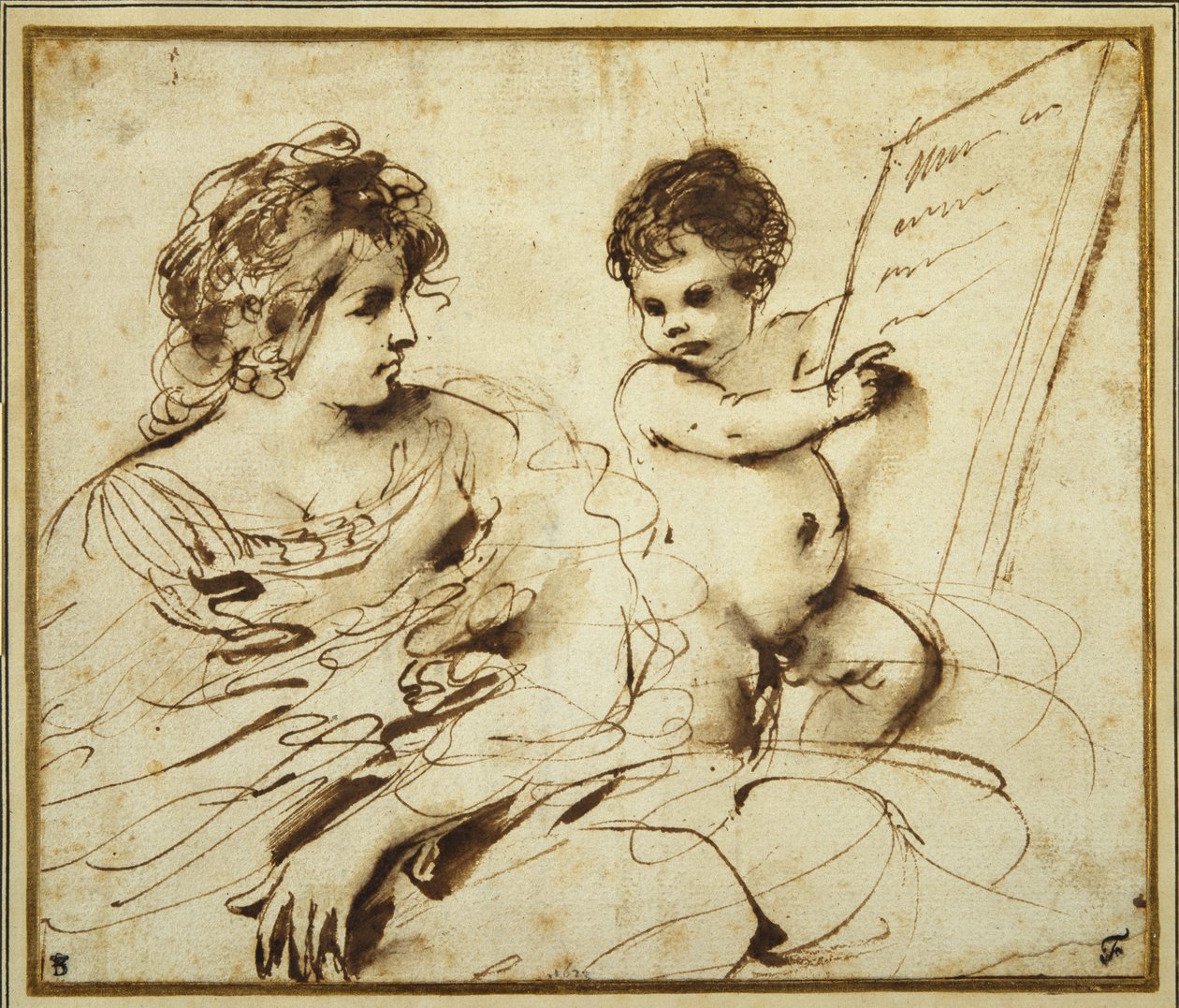 En sittende sibylle ledsaget av en putto som holder opp en stor påskrevet nettbrett (penn og brunt blekk med vask på papir) av Guercino