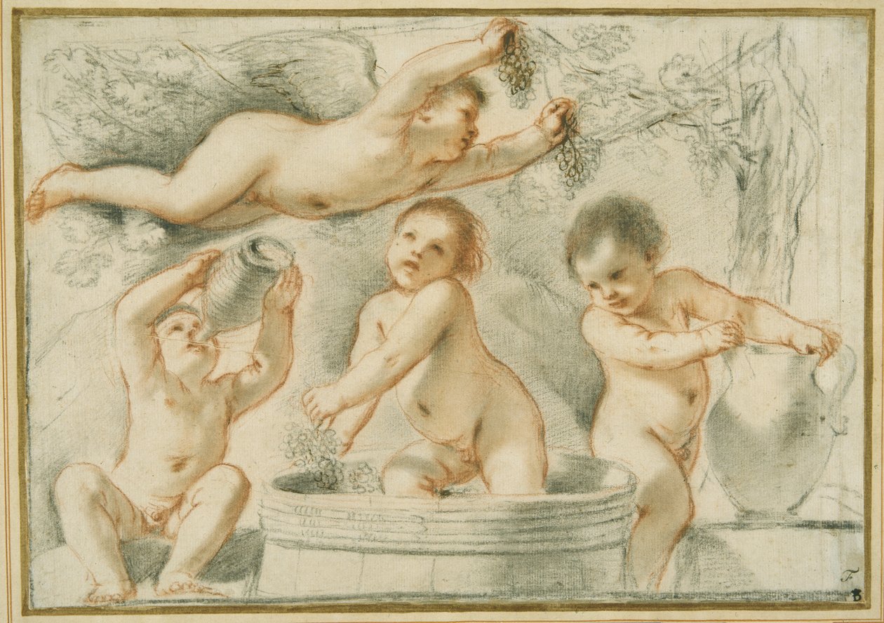 Allegori om vinfremstilling (rødt og svart kritt med blekk på papir) av Guercino