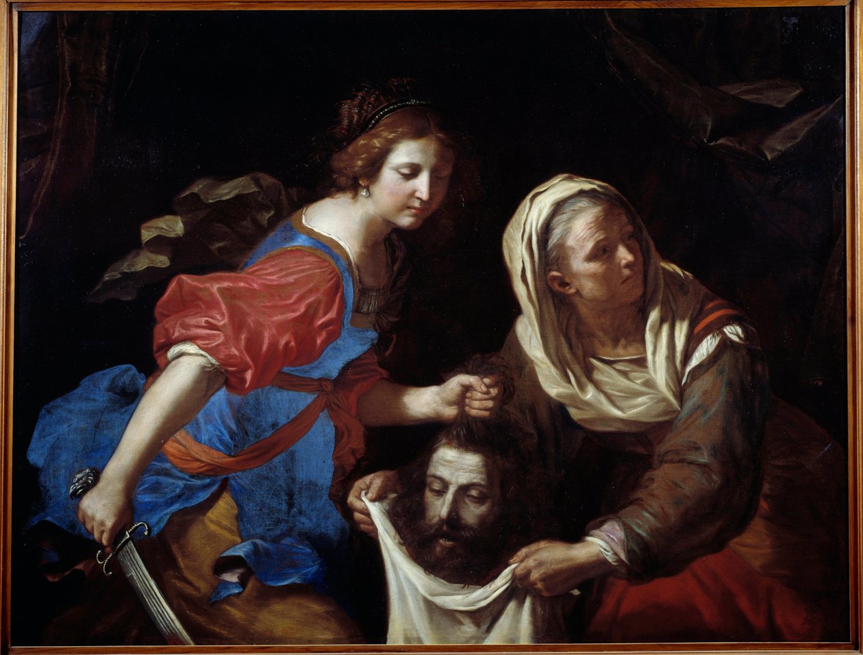 Judith og Holofernes leder. Tjenerinnen hans Abra holder posen mens Judith legger hodet til mannen. Maleri av Giovanni Francesco Barbieri dit Guercino (The Guerchin av Guercino