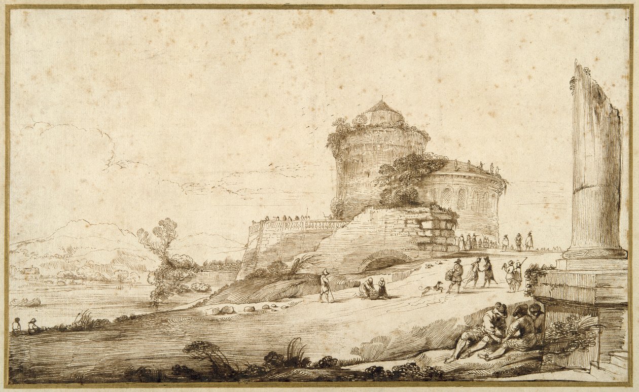 Landskap med en ødelagt søyle, et slott og tallrike figurer i forgrunnen til høyre (penn og blekk på papir) av Guercino