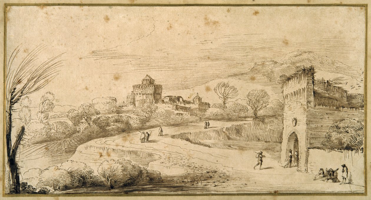 Landskap med et krenelert porthus og en svingete vei (penn og blekk på papir) av Guercino