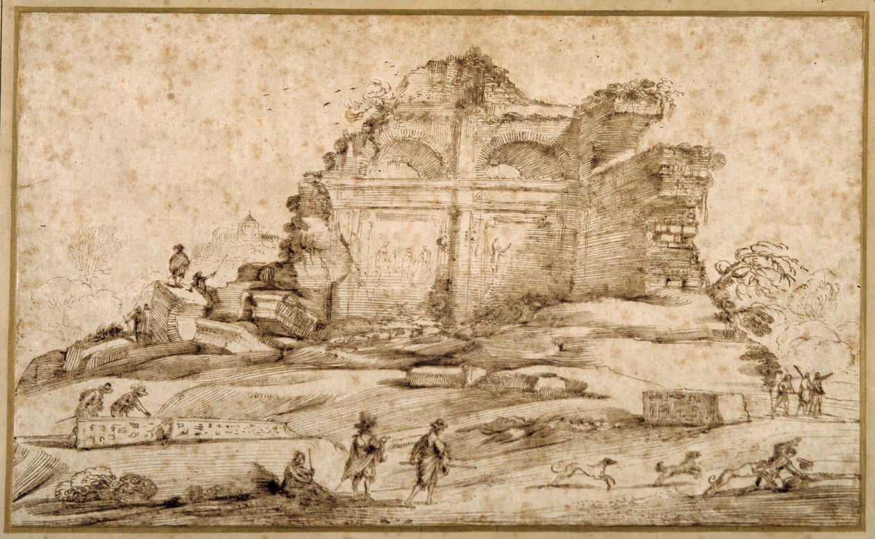 Landskap med klassiske ruiner og en ungdom angrepet av hunder (penn og blekk på papir) av Guercino