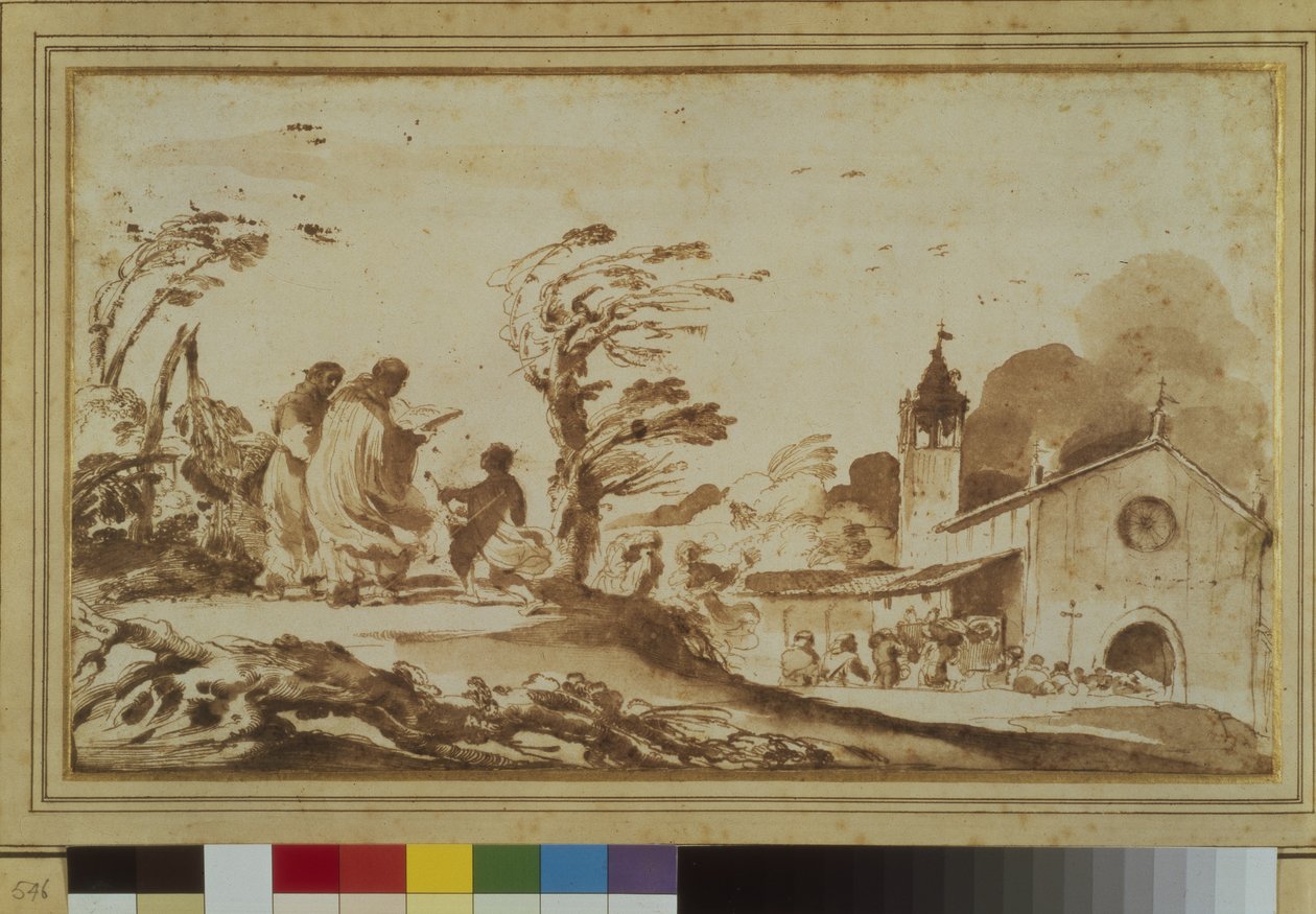 Landskap med figurer ved en kirke (penn og blekk og vask på papir) av Guercino
