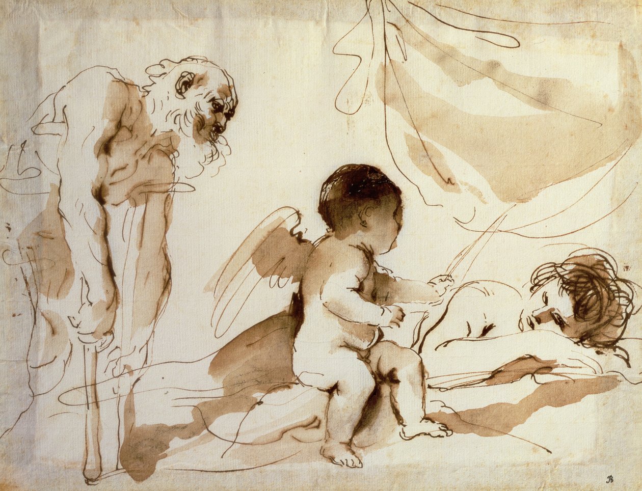 Mann på krykker, Amor og Sovende Venus (penn, blekk og vask på papir) av Guercino