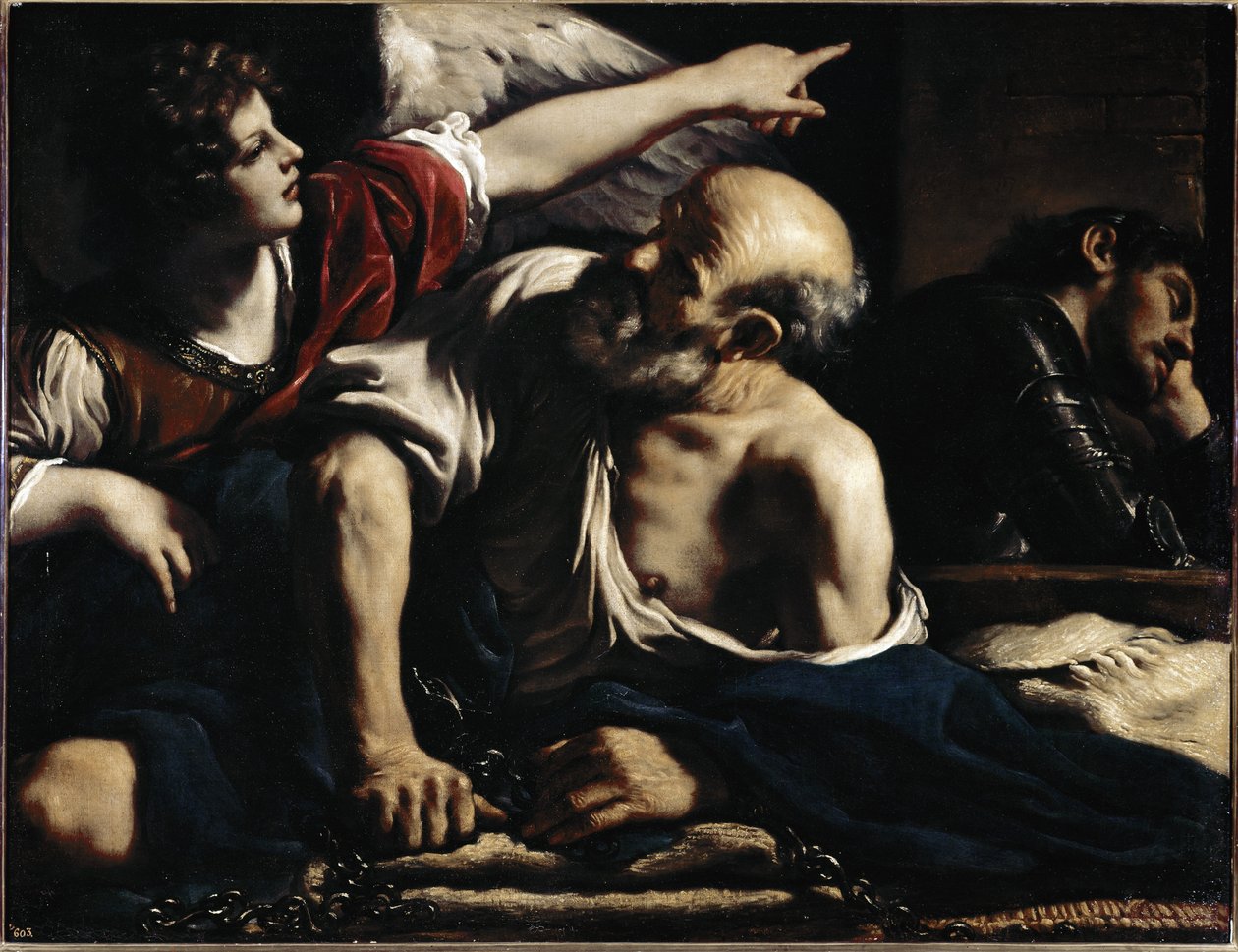 Sankt Peter befrier av en engel - Olje på lerret, ca 1622 av Guercino