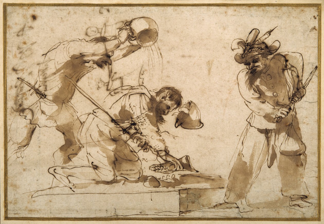 Satirisk emne med karakterer fra Commedia dell'Arte (penn og brunt blekk på papir) av Guercino