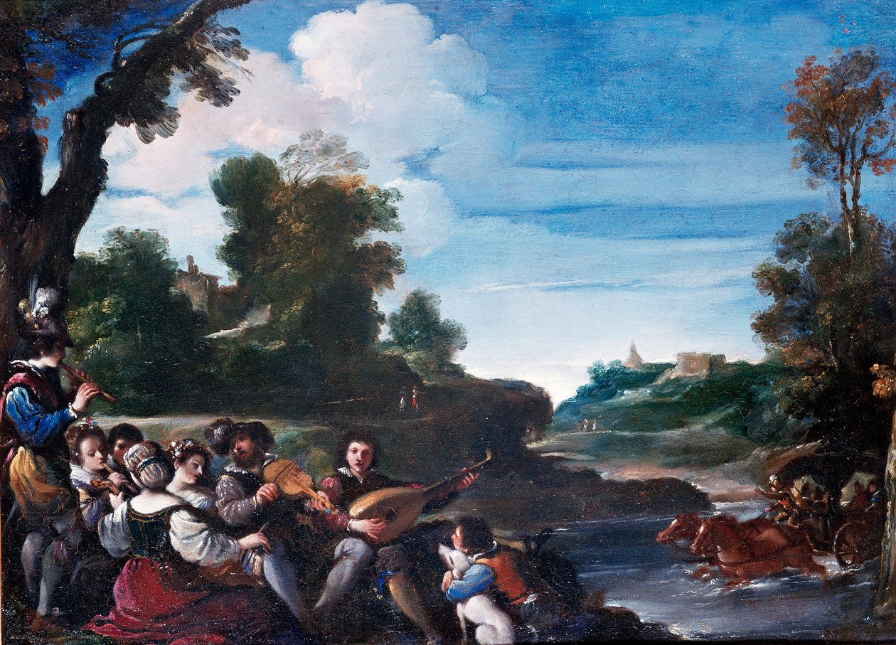 Sommerglede Landskap med konsert. Maleri av Giovanni Francesco Barbieri Guerchin dit Il Guercino (1591-1666) 1600-tallet Søn. 0,35x0,47 m Firenze, Uffizi-galleriet av Guercino
