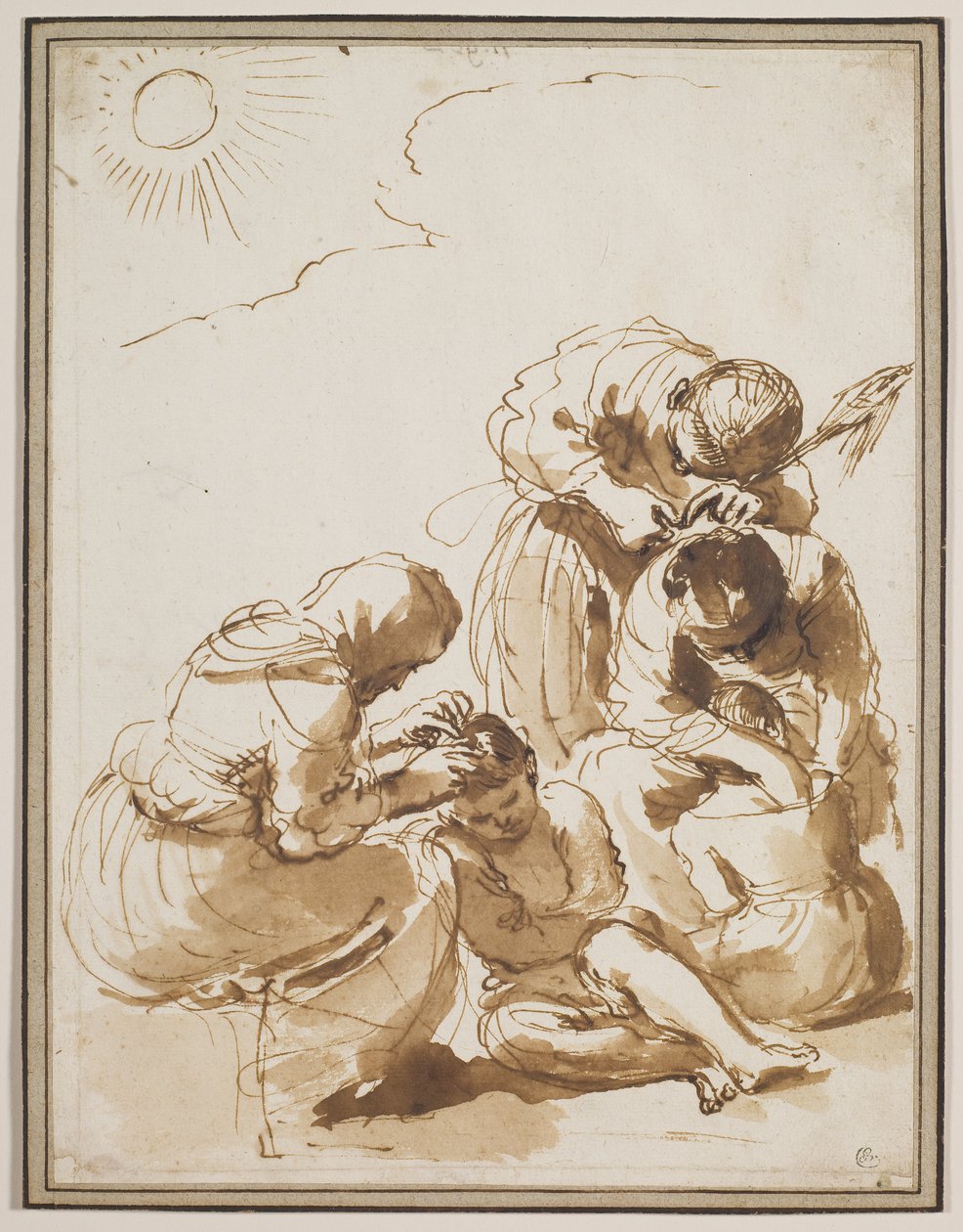 Lusejegerne, tidlig på 1620-tallet (penn og blekk med lavering på papir) av Guercino (1591-1666)
