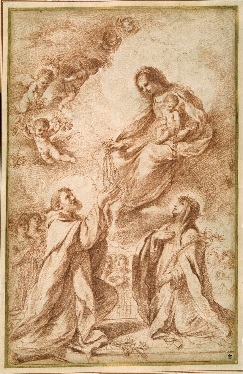 'Madonna del Rosario' med St. Dominic og St. Catherine av Siena (rødt kritt på papir) av Guercino