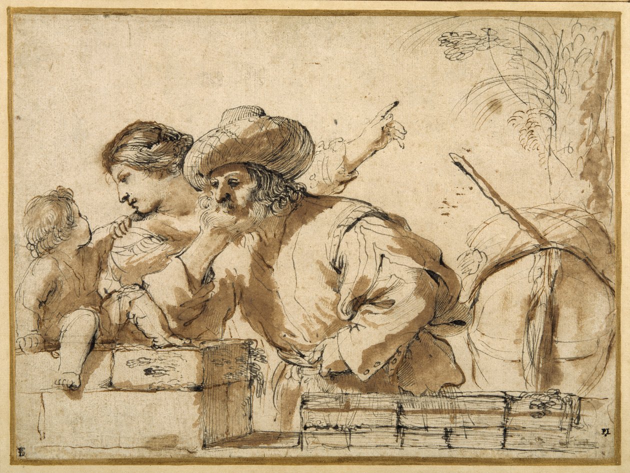 The Rest on the Flight (penn og blekk med vask på papir) av Guercino