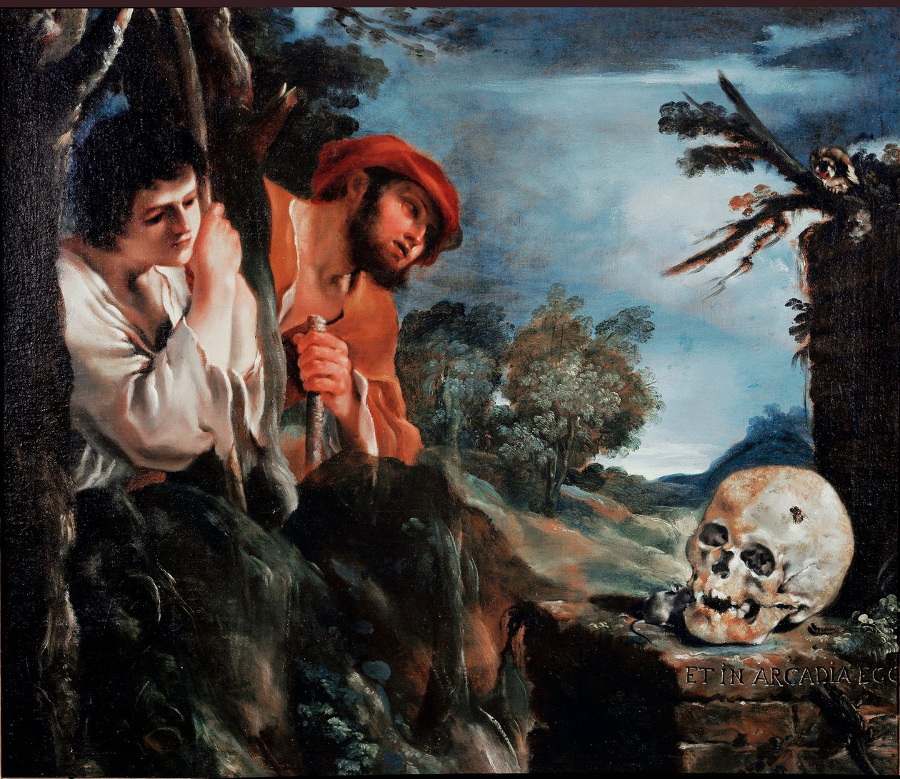 Shepherds of Arcadia Men rundt en grav på den greske øya Peloponnes. Maleri (Vanita) av Giovanni Francesco Barbieri Guerchin ved Il Guercino (1591-1666) 1618 rundt Roma, Galleria Corsini av Guercino