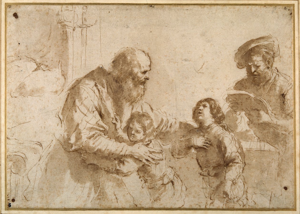 To gutter trøstet av en skjeggete eldste, mens en annen skjeggete, middelaldrende mann leser en bok (penn og blekk over kritt, med vask på papir) av Guercino