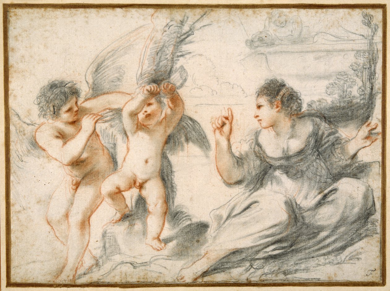 Venus skjeller Amor, mens en eldre Amor binder ham til et tre (svart og rødt kritt på papir) av Guercino
