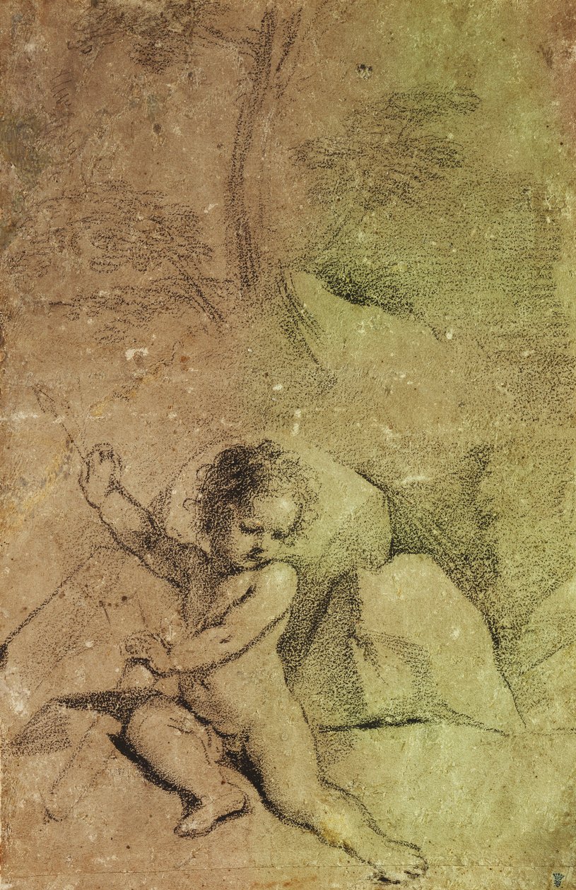Amor som tegner en pil fra et kogger, i et landskap, av Guercino
