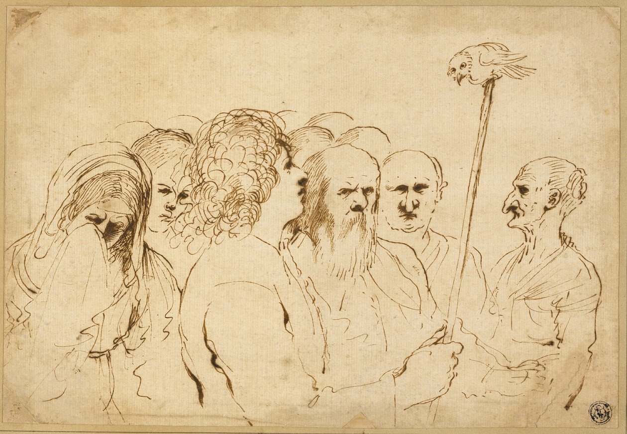 Gruppe av figurer, med ugle på en stang av Guercino