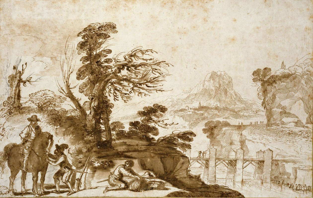 Landskap med en rytter og en bro, tidlig på 1600-tallet av Guercino